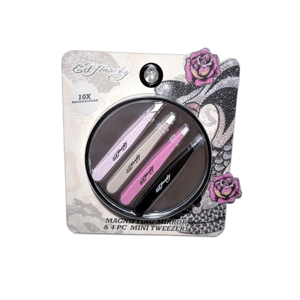 Ed Hardy 10X Magnifying Mirror & 4 Pc Mini Tweezers Set Brand New